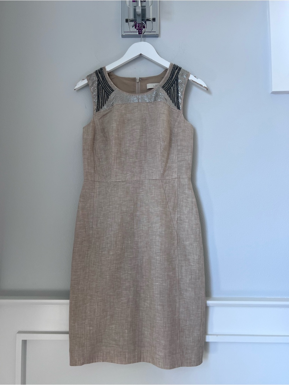 LOFT Beige Sleeveless Sheath Dress with Beaded Yoke